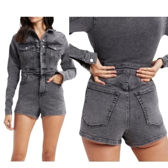 Good American Long Sleeve Gray Denim Romper custom size 0 in GA sizing - Picture 1 of 6